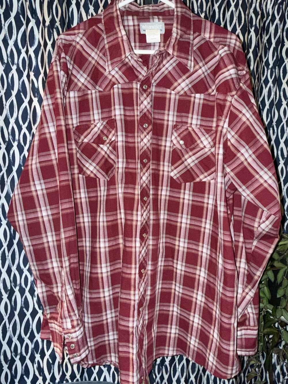 Wrangler Men's Red and White Plaid Button-Down Shirt